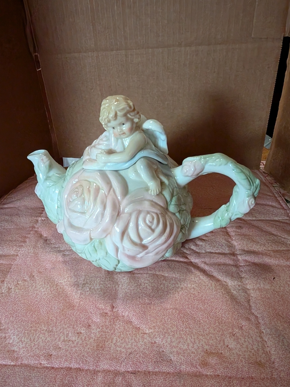Avon Porcelain Cherub Rose Teapot - Pink and Cream